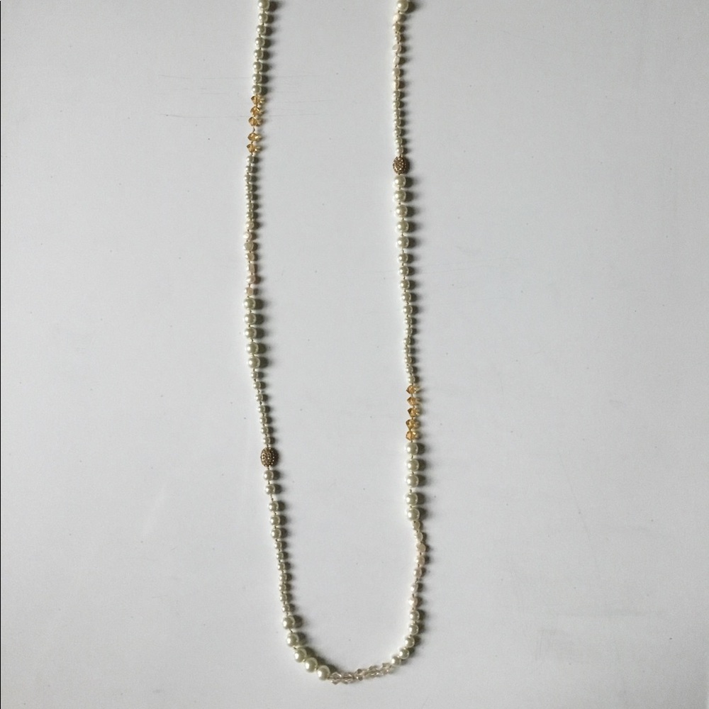 Chico’s long gold bead and pearl necklace